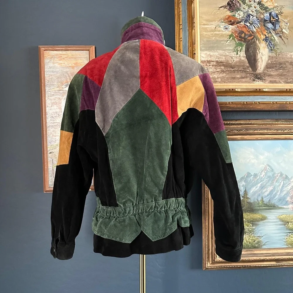 Vintage 80s 90s Colorful Patchwork‎ Leather Bomber Jacket Made in Korea Size L - Picture 2 of 9